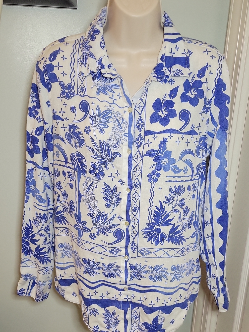 Joie White and Blue Floral Button-Front Tropical Linen Shirt Size Medium
